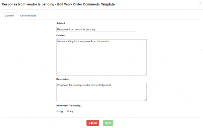 Create a work order comment template