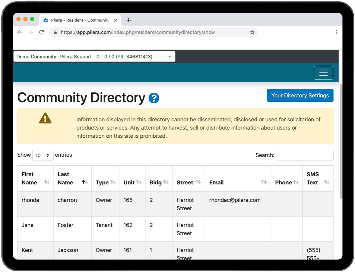 Community directory on a tablet device.