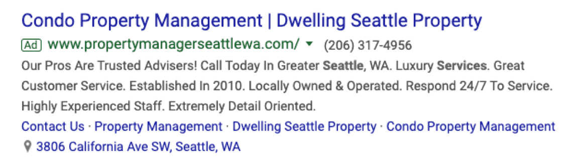 An example of a google ad seen from the search results of a management company in Seattle.