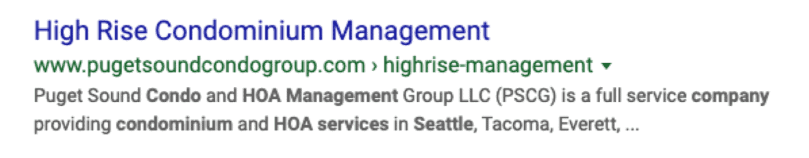 An example of an organic search result for a management company in Seattle.