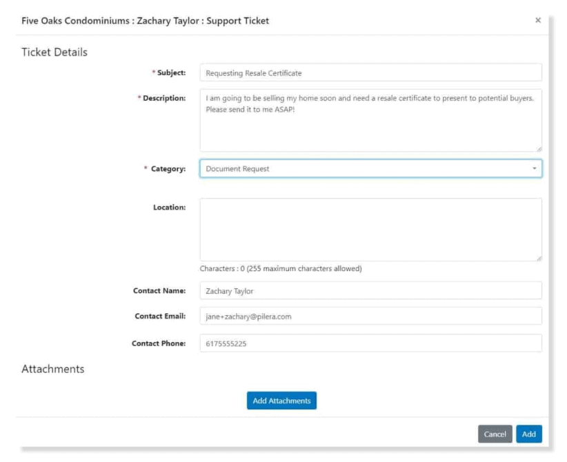 Support ticket feature in resident portal