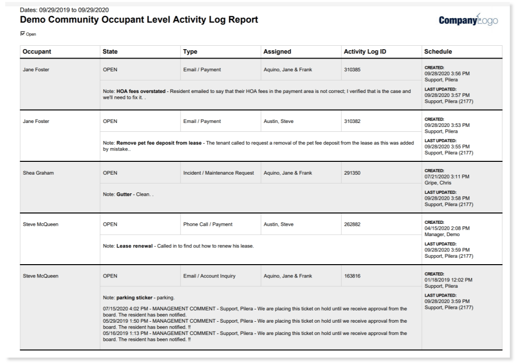 Activity log report for HOAs and Property Management Companies