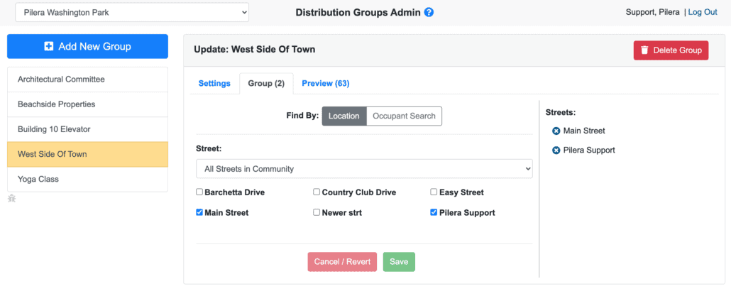 Distribution Groups admin page - set up your groups by user or location.
