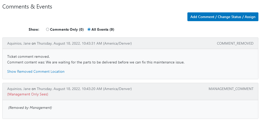 Edit or remove ticket comments, which also now show in the ticket events section.