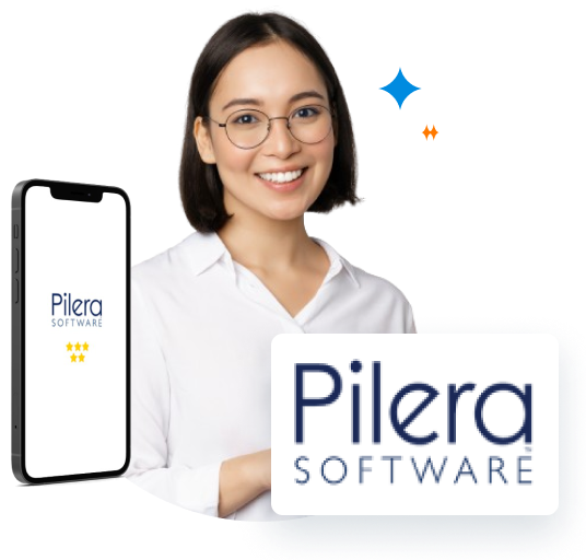 Pilera Software App Showcased on a Phone Mockup, Next to a Portrait of a Smiling Girl