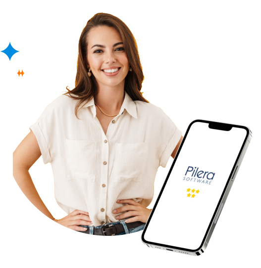 Smiling Woman Showcases Pilera Software Features on a Phone Model